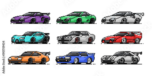 Sport Drag Race Cars, Side View, Colorful Cars Race Collection, Pixel Art Illustration for Racing Game