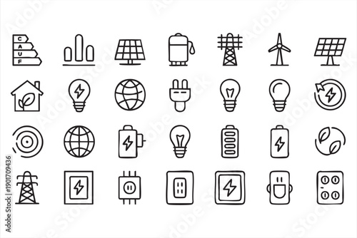 Renewable Energy Line Icons Set with Solar, Wind, and Electricity Symbols