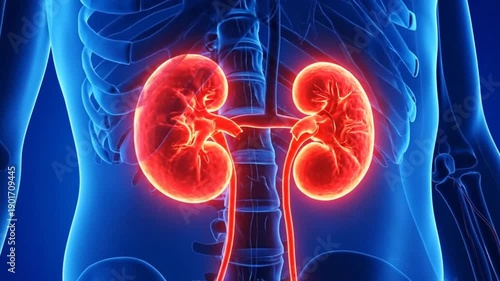 Medical illustration showing the human kidneys, ureters, and bladder in a blue-toned body.