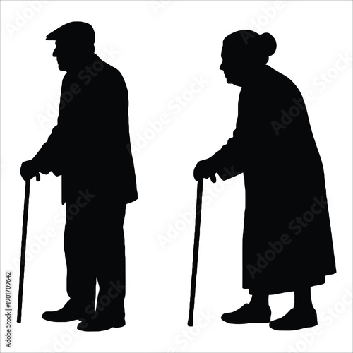 This image features two black silhouettes of elderly figures against a white background. On the left, an old man wearing a cap stands holding a cane. On the right, an elderly woman with her hair 