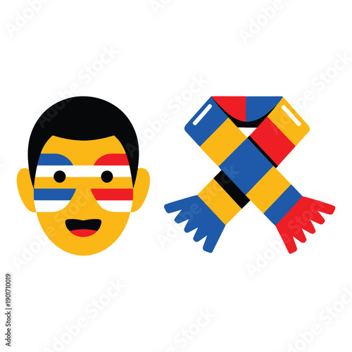 Fan face paint and scarf icons for supporters rally, matchday march poster, chant practice session, fan zone registration details