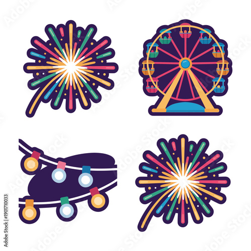 Summer carnival celebration icons, fireworks burst, ferris wheel ride, roller skate party, fairground event poster, parade session vector design