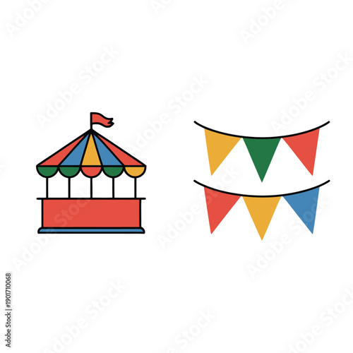 Carnival booth and bunting flags, fairground signage icons, community festival poster, vendor market session, celebration vector design graphic element