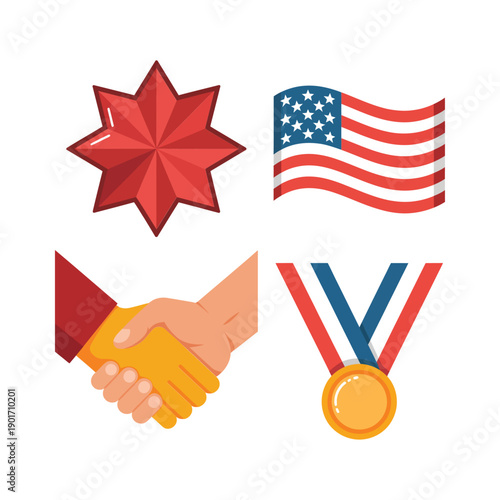 Patriotic celebration icons with star badge handshake ribbon medal and waving flags for partnership events veterans day ceremony marketing