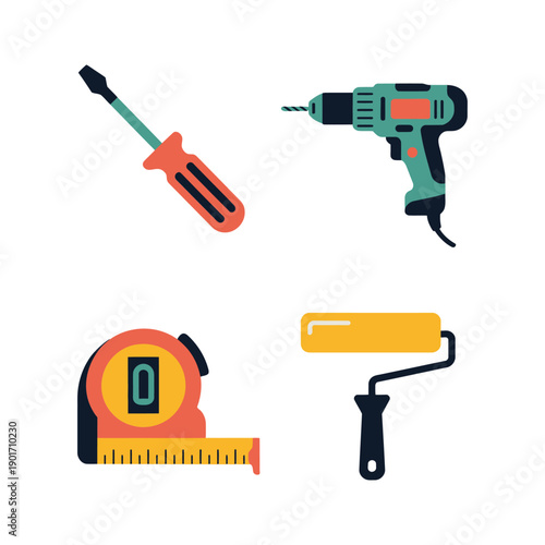 Diy repair toolkit icons featuring screwdriver power drill measuring tape and paint roller for maintenance service hardware store advertising