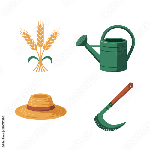 Agricultural garden icons featuring wheat stalk watering can sun hat and sickle for organic farm brochure planting season promotions
