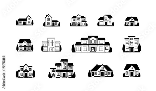 Real estate residential buildings vector set with houses villas and mansions