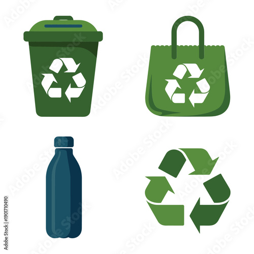 Recycling bin, reusable bag and bottle icons for sustainability fair, waste sorting demo, compost station, community green education session