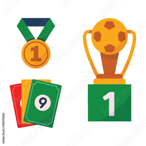 Awards ceremony icons with medals, trophy and cards, tournament finals poster, podium photos session, athlete recognition night branding assets