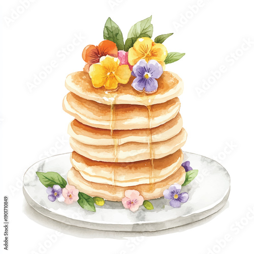 Watercolor Stack of Pancakes with Edible Flowers and Syrup Drizzle.