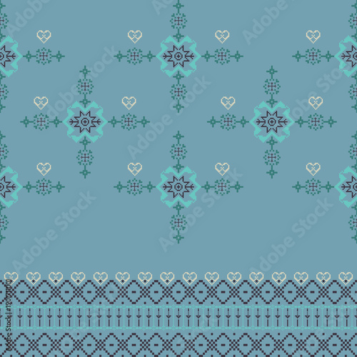 Pixel seamless pattern with hearts and snowflakes on a blue background. Vector texture. Ukrainian ornament for textiles, tiles, and wallpaper. Cross-stitch for elaborate borders. 