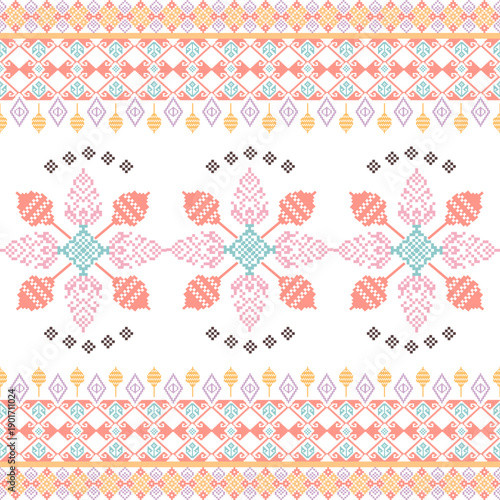 Pink and orange pixel ethnic boho seamless pattern. Tribal pattern. Folk motif. Textile rapport. Cross-stitch design for textiles and elaborate borders. Ukrainian ornament.  