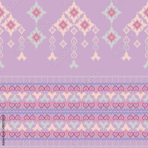 Blue and purple cross-stitch ethnic boho seamless pattern. Patchwork texture. Weaving. Pixel pattern. Folk motif. Design for wallpaper, textile, wrapping, and web page background.