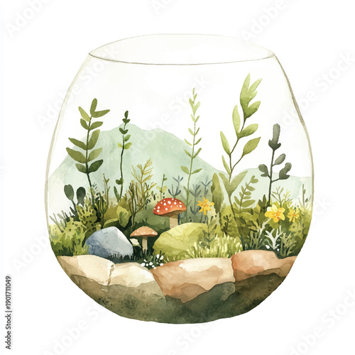 Watercolor terrarium illustration showcasing miniature garden inside glass bowl.