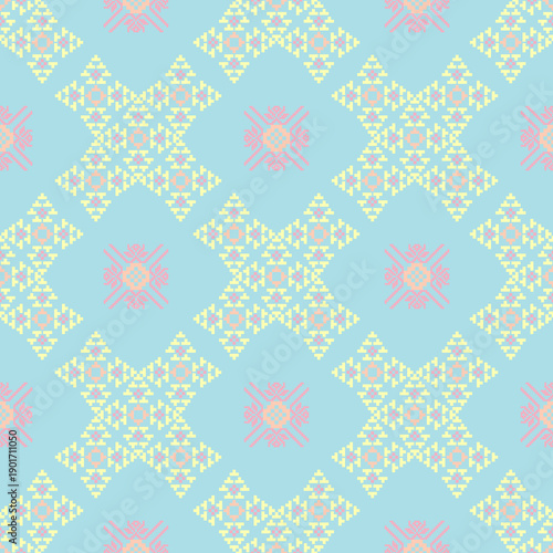Blue and yellow cross-stitch ethnic boho seamless pattern. Tribal pattern. Folk motif. Textile rapport. Pixel pattern for paper craft, tiles, and wallpaper.