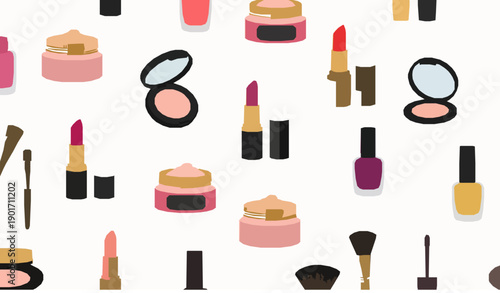 Glam Makeup Seamless Pattern with Lipstick Pomade and Cosmetics Flat Vector Background