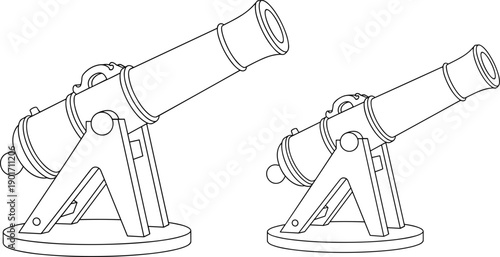 Antique cannon line illustration set representing historical artillery weapon military defense equipment vector outline design