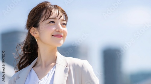 都会の青空の下で成功を確信する日本人ビジネスウーマン