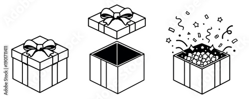 Line art gift box set featuring stages of opening and surprise for celebrations and holidays