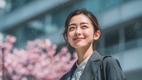 桜吹雪の中で希望に胸を膨らませ微笑む日本人女性社員