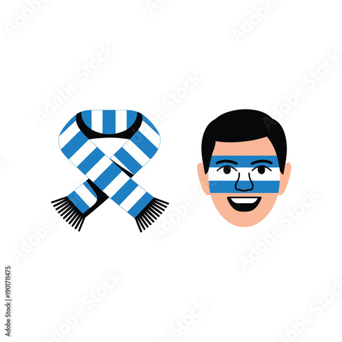 Match day fan gear icons, football supporter scarf, face paint mask, cheering section event branding, fan zone session graphics