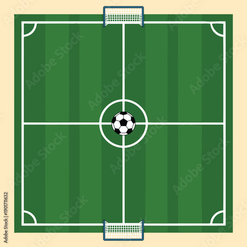 Top view football field, center kickoff spot, goalposts, tournament bracket event art, scoreboard session template, broadcast graphic branding vector