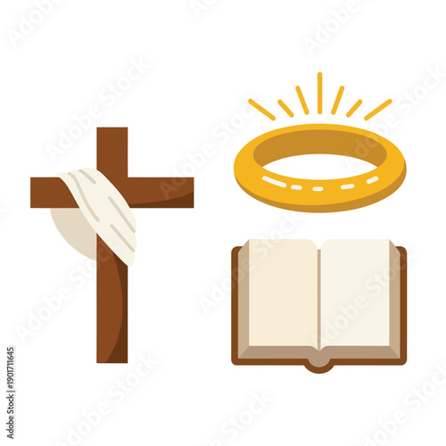 Christian wedding ceremony icons, cross with drape, golden ring, open bible, church service event poster, premarital counseling session vector