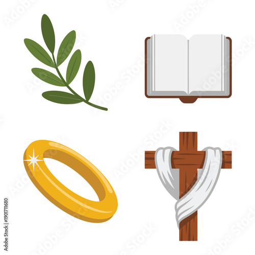 Palm sunday and marriage symbols, olive branch, open bible, golden ring, wooden cross, church festival poster, blessing session graphic