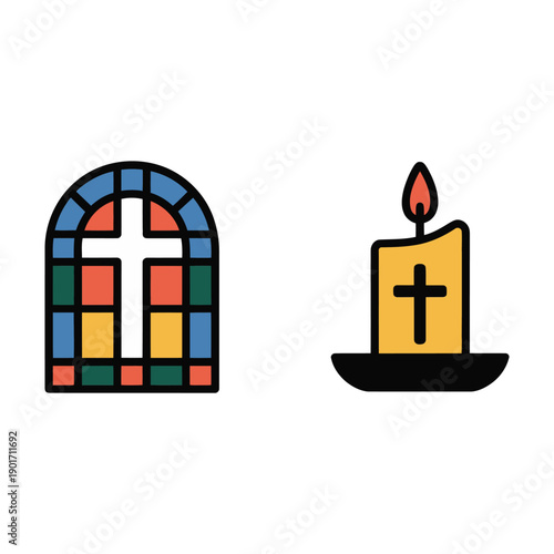 Church window and candle icons, stained glass arch, lit flame, vigil night event poster, prayer session graphics, religious celebration vector