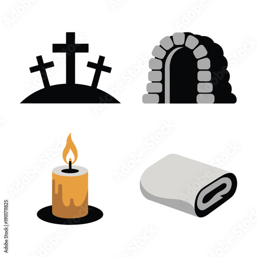Holy Week symbols with candle, burial cloth, tomb entrance and three crosses, church worship kit, Easter vigil illustration elements