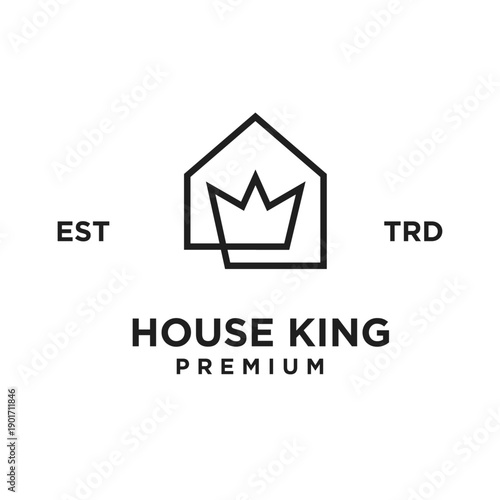 Modern Minimalist House and Crown Line Art Logo Design, Ideal for Real Estate, Property Management, or Premium Home Service Branding, with 'House King' Text and 'EST TRD' Accents.
