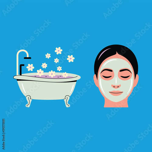 Mothers day spa illustration with relaxing bath tub, flowers, female face mask, self care wellness graphic for beauty promotion