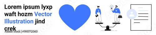 Equality, decision-making, fairness, professional relationships, human resources, and team management. A balance scale, heart and document with a profile icon. Equality and decision-making