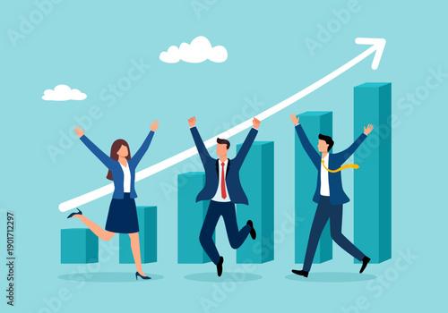 Investment concept. Invest in the company's bonds. Shareholders getting money. Stock market boom. Growth in equity prices. People with rising graph vector illustration.