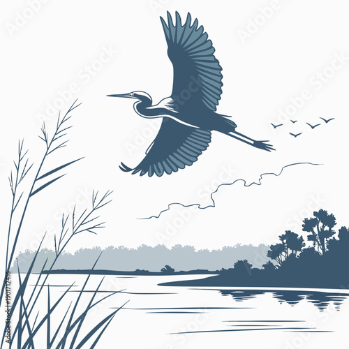 Heron flying over water with reeds and trees bird lake