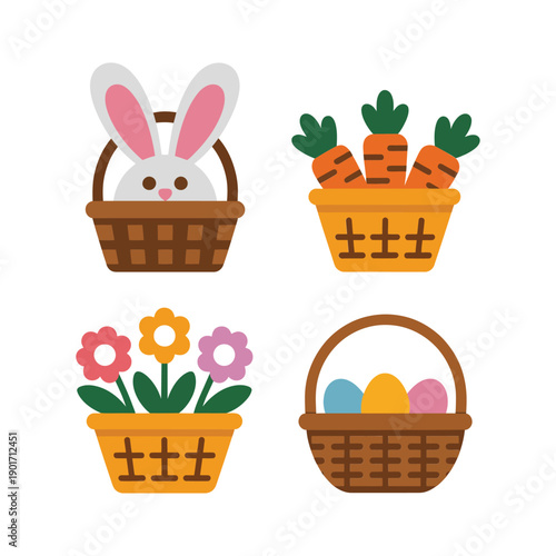 Easter gathering icons, bunny ears basket, carrot bunch baskets, floral egg basket, spring celebration poster, family egg hunt session vector