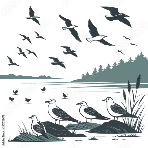 Seagulls standing on rocks and flying over lake with trees