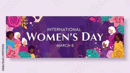 International women's day banner with diverse women and flowers on purple background march 8 celebration