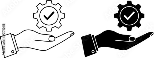 Hands presenting gears with checkmarks for business solutions