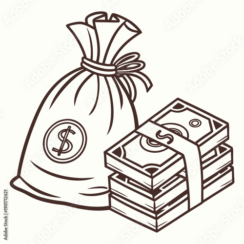 Brown line of money bag and stack of bills dollars