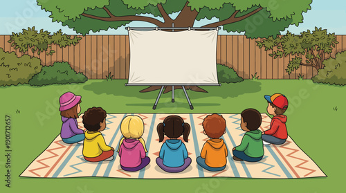 Diverse Group of Kids Watching an Outdoor Movie on a Blank Projection Screen Setup in a Backyard, Cartoon Vector Illustration.