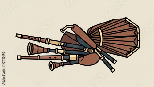 Traditional scottish bagpipes with brown leather bag and pipes on a beige background musical instrument for cultural heritage and festive events