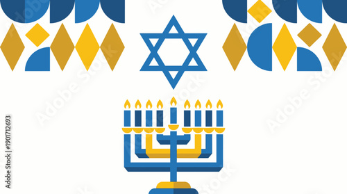 Modern Hanukkah Menorah and Star of David Illustration. Flat geometric design for Jewish Festival of Lights in blue and gold.