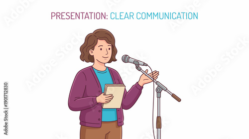 Professional Woman Speaker Delivering Clear Communication Presentation at Microphone Stand. Flat Illustration Style.
