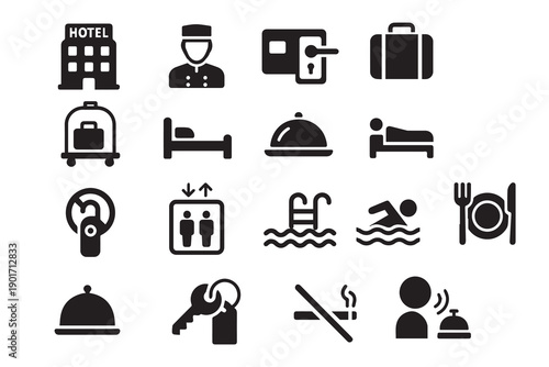 A service themed vector displays multiple accommodation icons including hotels, room keys, breakfast, swimming pools, and reception staff, highlighting care, convenience, and guest satisfaction.