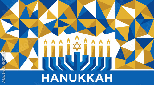 Hanukkah Celebration Background with Geometric Polygonal Design, Menorah, and Star of David in Blue and Gold