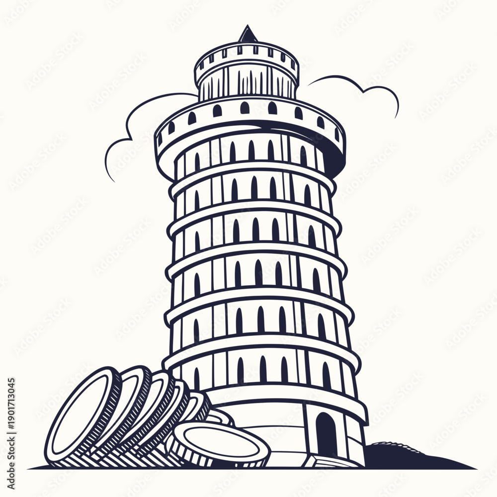 Obraz premium Of the leaning tower of pisa with coins black and white