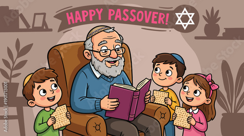 Happy Passover Seder Illustration: Jewish Grandfather Reading Haggadah to Grandchildren Holding Matzah