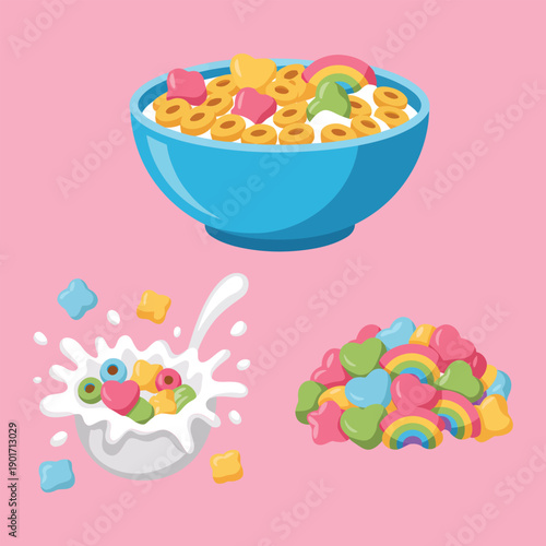 Colorful marshmallow cereal bowl with milk splash and candy shapes, sweet breakfast illustration for kids menu, poster, social media