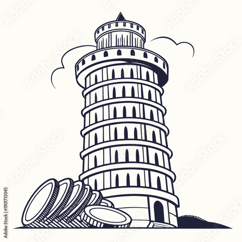 Of the leaning tower of pisa with coins black and white